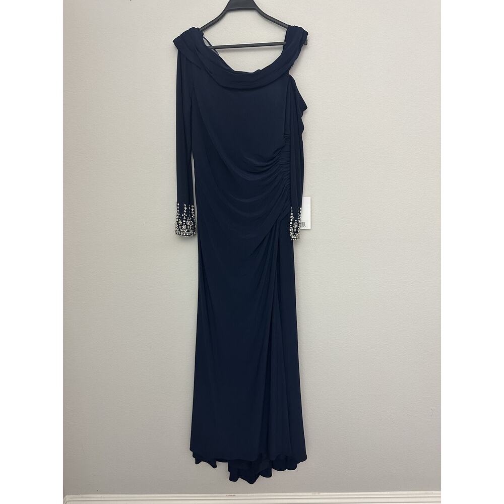 Mac Duggal Navy Blue Long Sleeve Beaded Cuffs Neck Evening Gown Dress Size 12